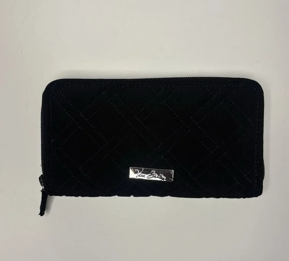 Vera Bradley Classic Black Quilted Cotton Zip-Around Wallet Black 8” x 4.5”